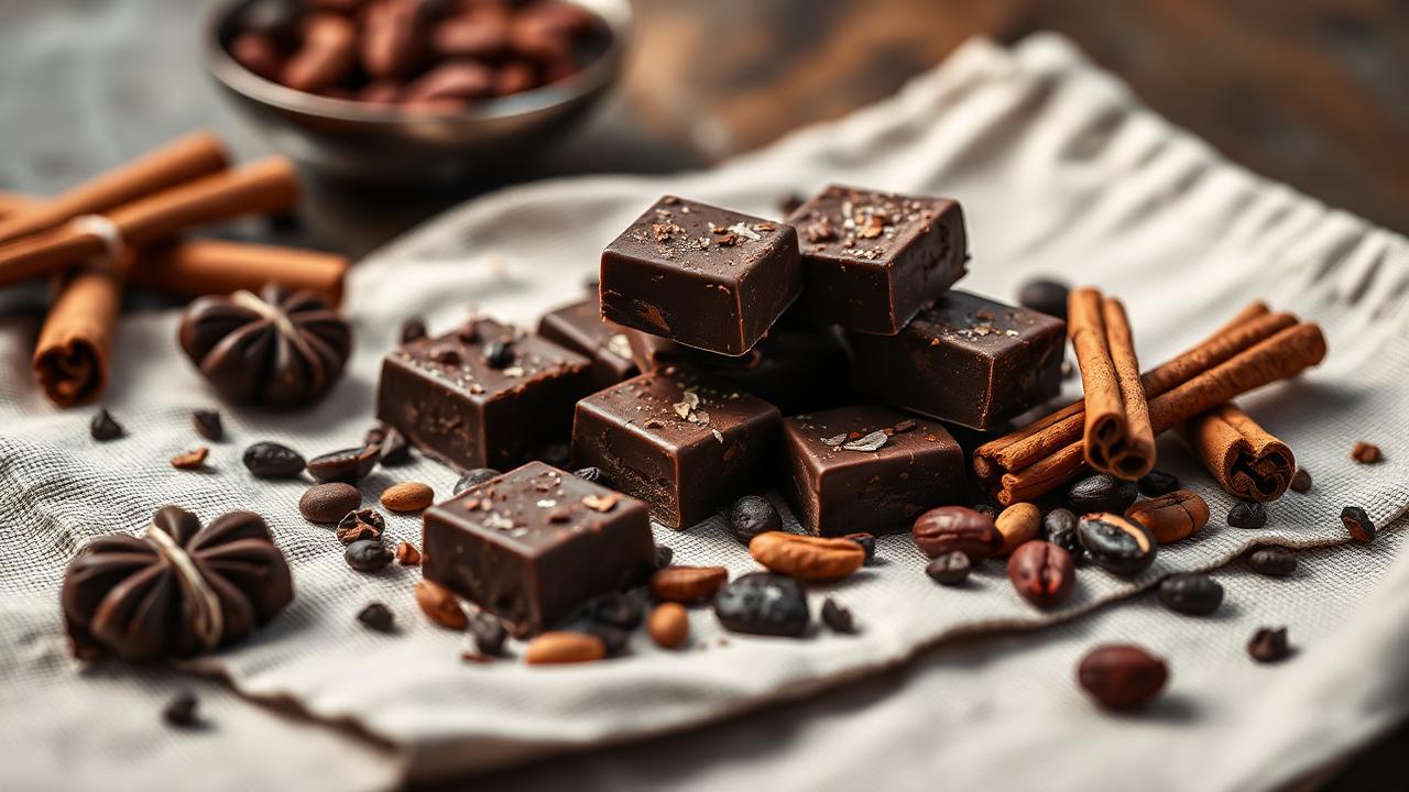 Chocolate amargo, cacau e canela sobre linho representando o controle natural da compulsão por doce