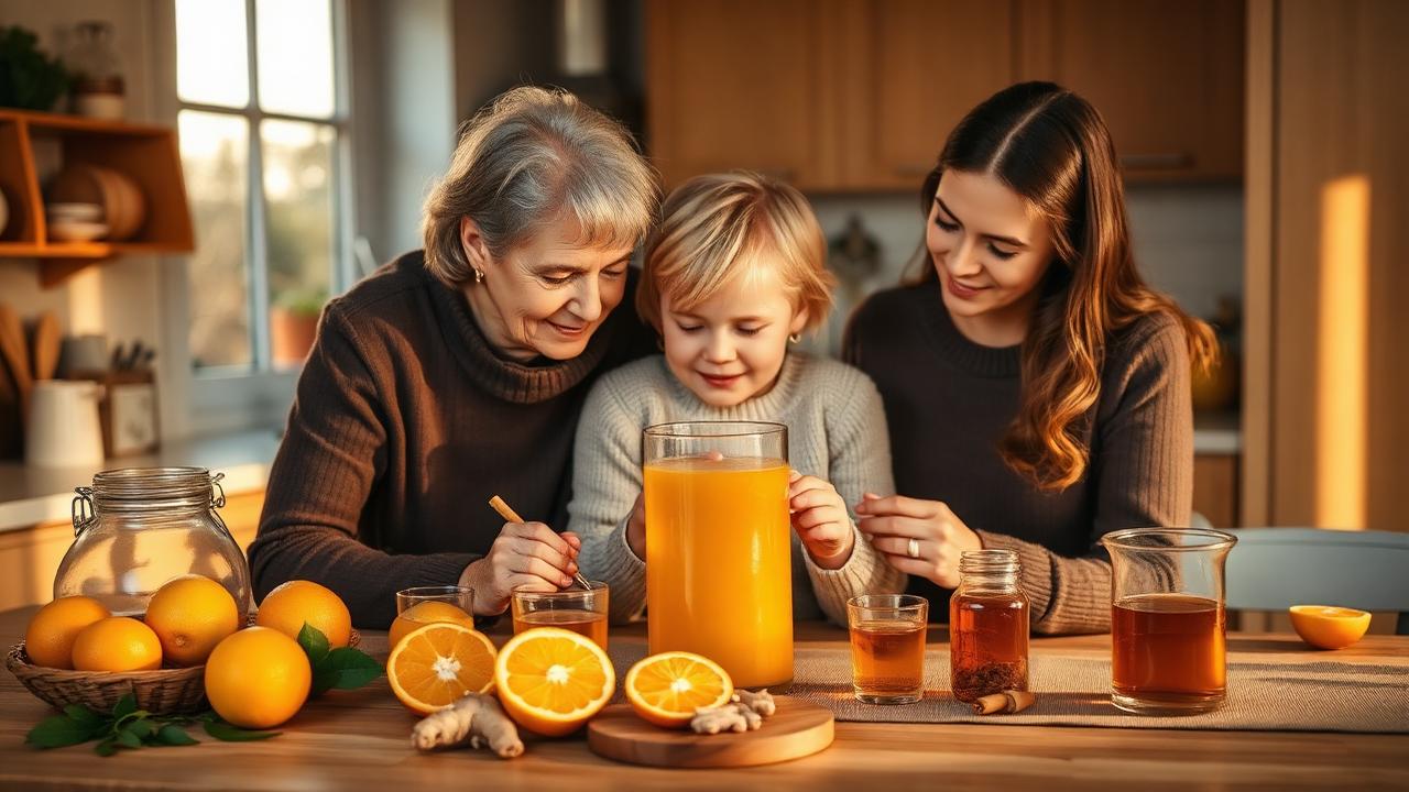 Família de três gerações preparando chá com frutas cítricas e gengibre para fortalecer a imunidade