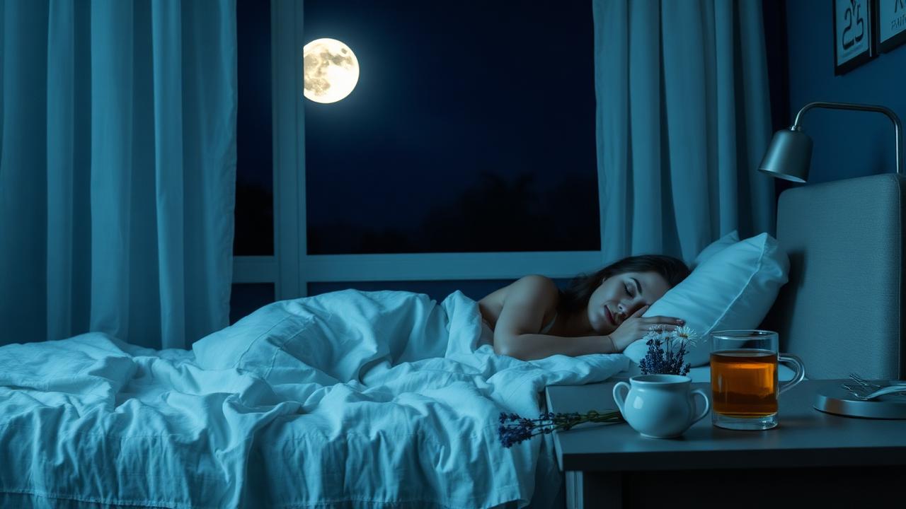Quarto sereno à noite com chá de camomila e lavanda, representando sono tranquilo