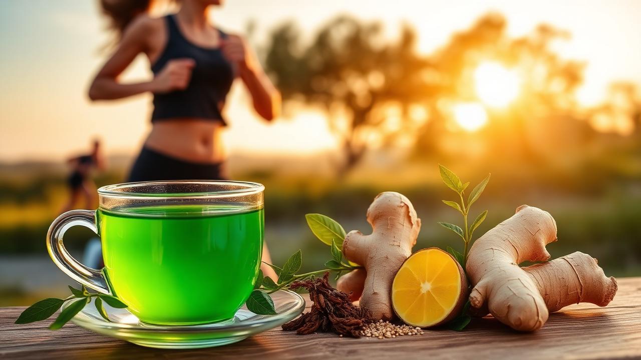 Chá verde, gengibre e ervas termogênicas com mulher correndo ao nascer do sol