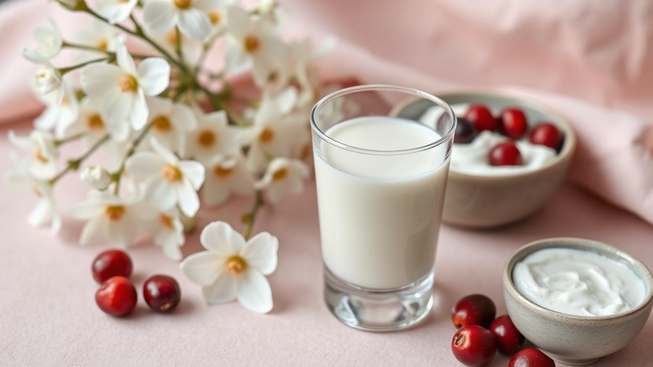 Kefir, iogurte natural e cranberries com flores brancas representando microbiota íntima feminina